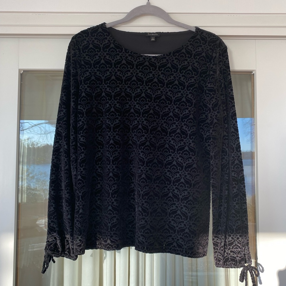 Talbots black velvet burnout long sleeve blouse with bow cuff details